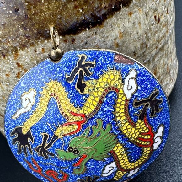 Vintage Round Puffy Double Sided Chinese Dragon Cloisonne Pendant 1.75" Blue - Picture 7 of 13
